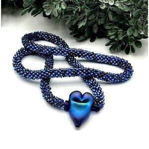 Handmade Blue Glass Heart Pendant Necklace With Beaded Rope Design Elegant Jewel